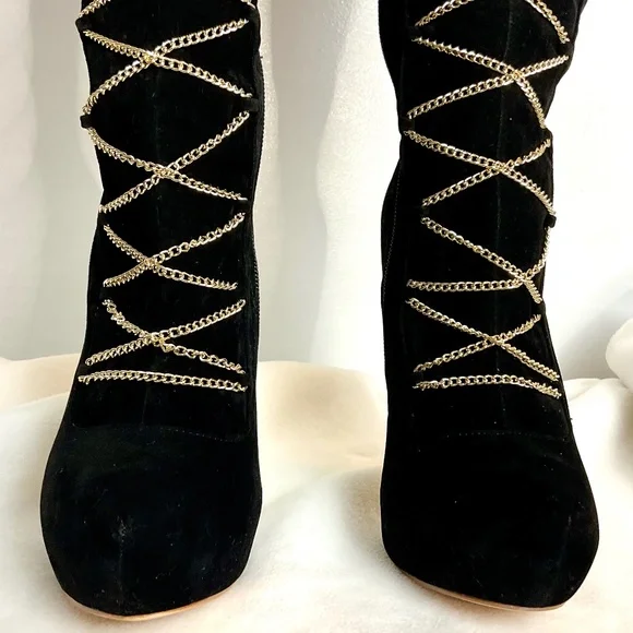 Black Scene Weaver Velvet Lucille Knee High Lace Up Boots Gold Chain Size 6 - Picture 6 of 16
